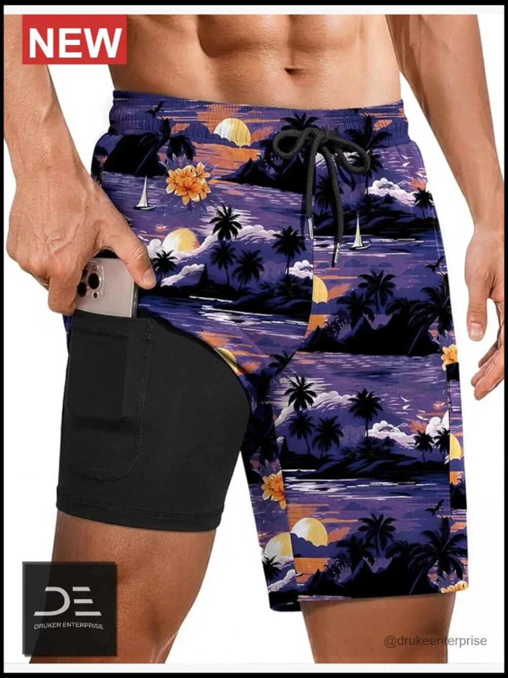 Mens 2 in 1 Swim Trunks with Compression Liner Quick Dry Board Shorts with